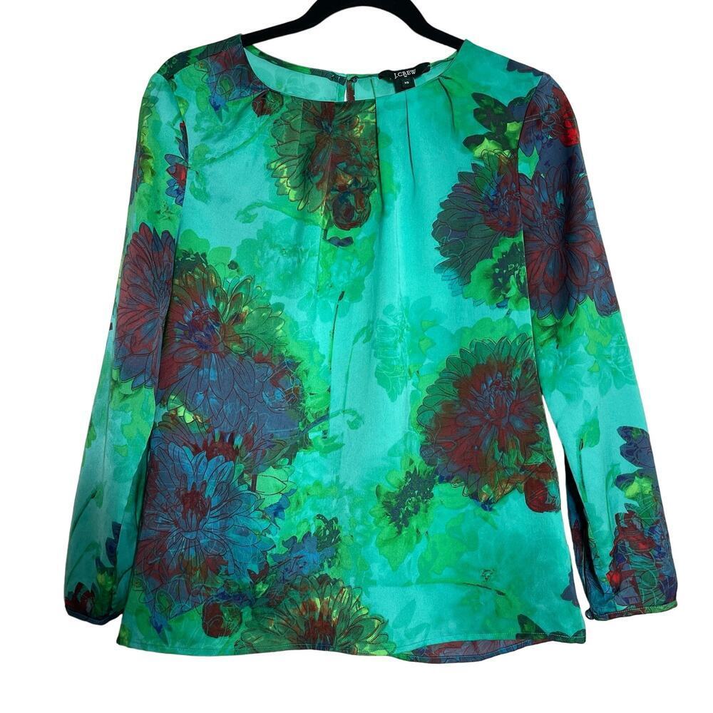 J. Crew Satin Floral Blouse Watercolor Long Sleeve Top Womenβs Sz XS